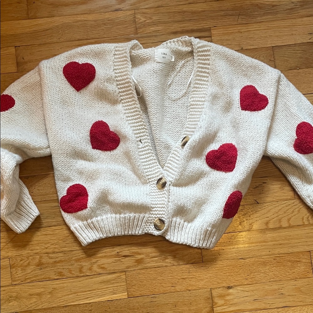 Cozy White Cardigan with Red Heart Accents